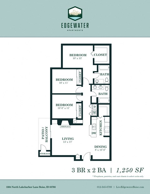 Floor plan for 3 beds, 2 baths, 1250 sqft